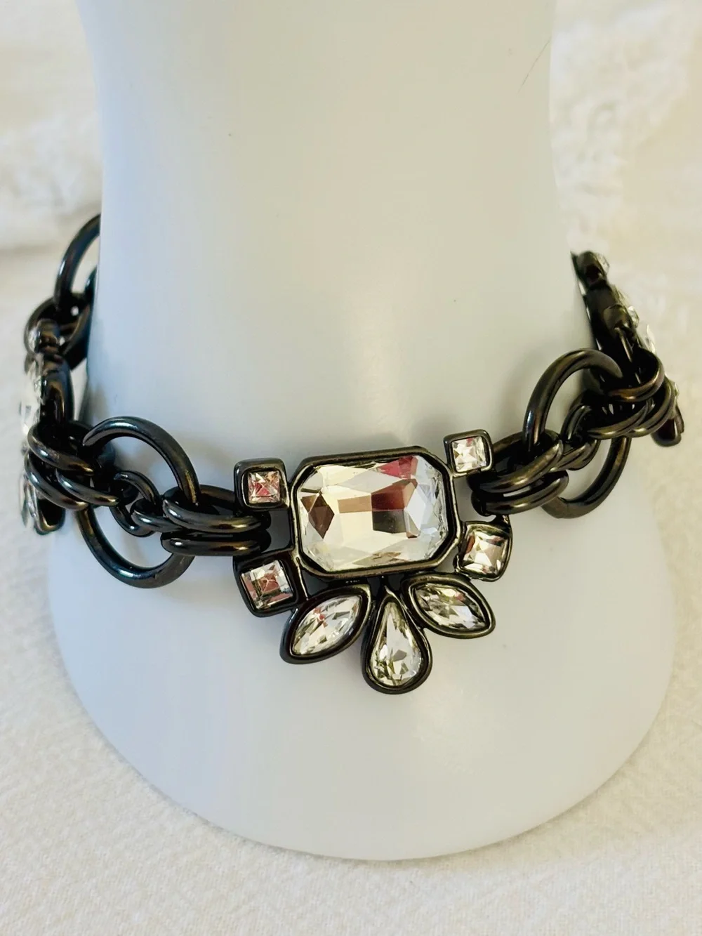 White House Black Market Gunmetal Bracelet with Clear Crystal Accents